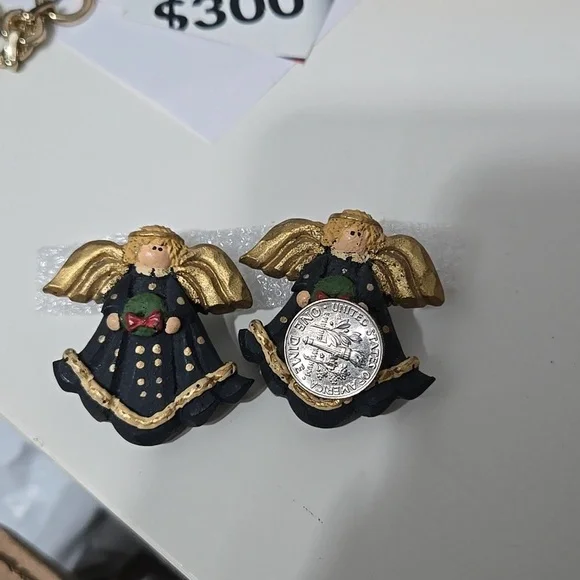 Gold and Black Christamas Angel Eartings  Clip On Earrings - Picture 12 of 12